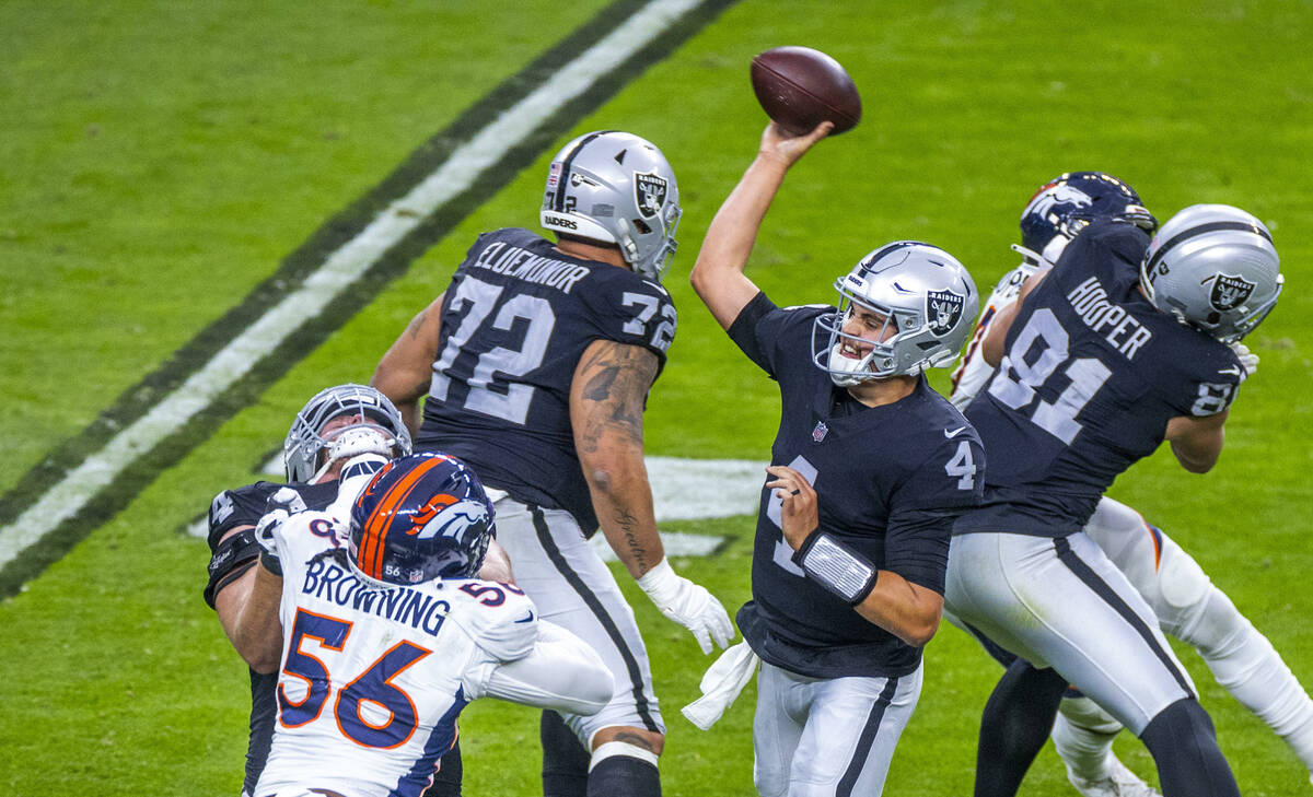 Raiders quarterback Aidan O'Connell (4) gets off a pass against the Denver Broncos during the f ...