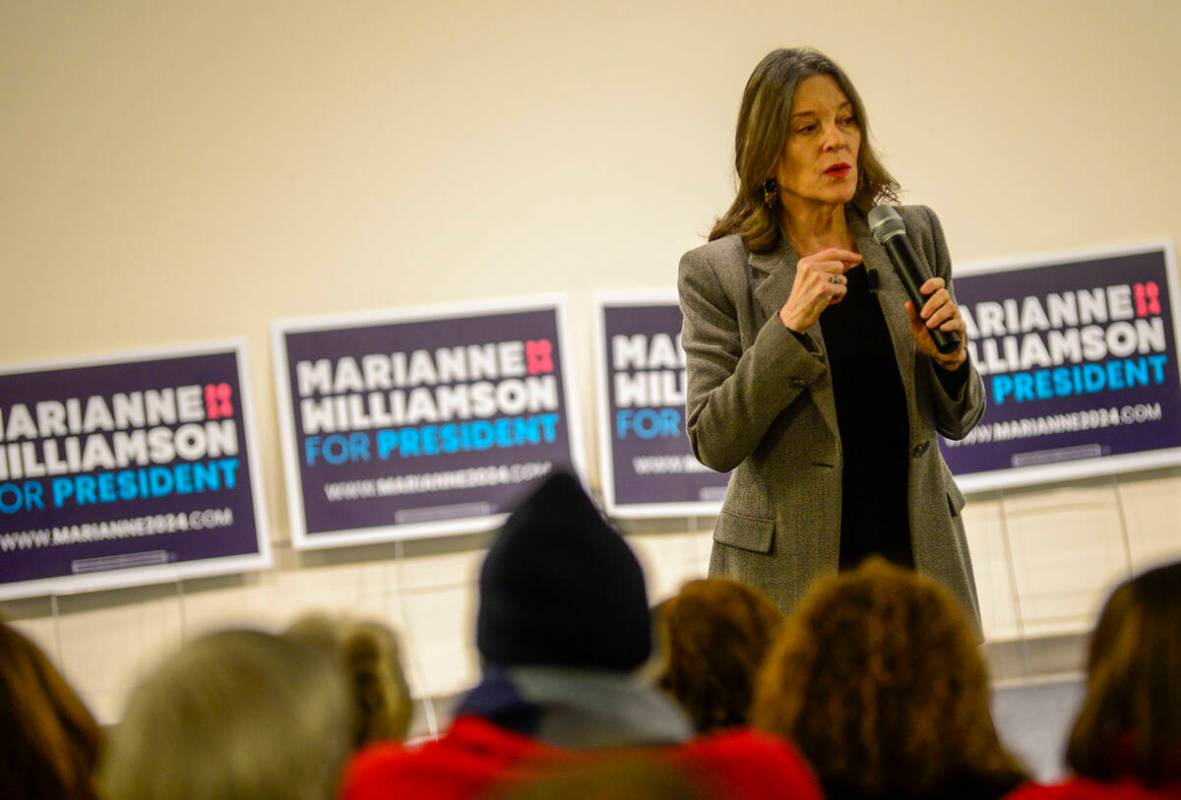 Democratic presidential hopeful Marianne Williamson speaks a campaign stop at the Keene Public ...