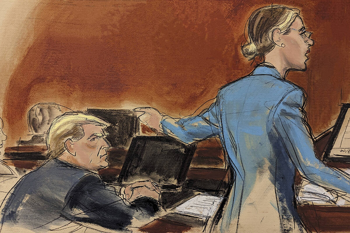 In this courtroom sketch, attorney Alina Habba points to her client, former President Donald Tr ...