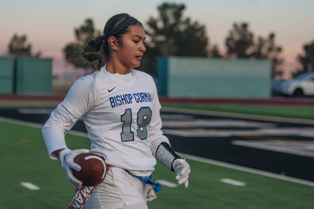 Bishop Gorman wide receiver Preseah Williams runs down the field with the ball during a flag fo ...