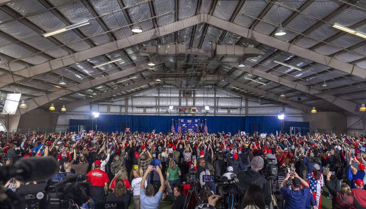 Republican presidential candidate former President Donald Trump speaks with the crowd cheering ...