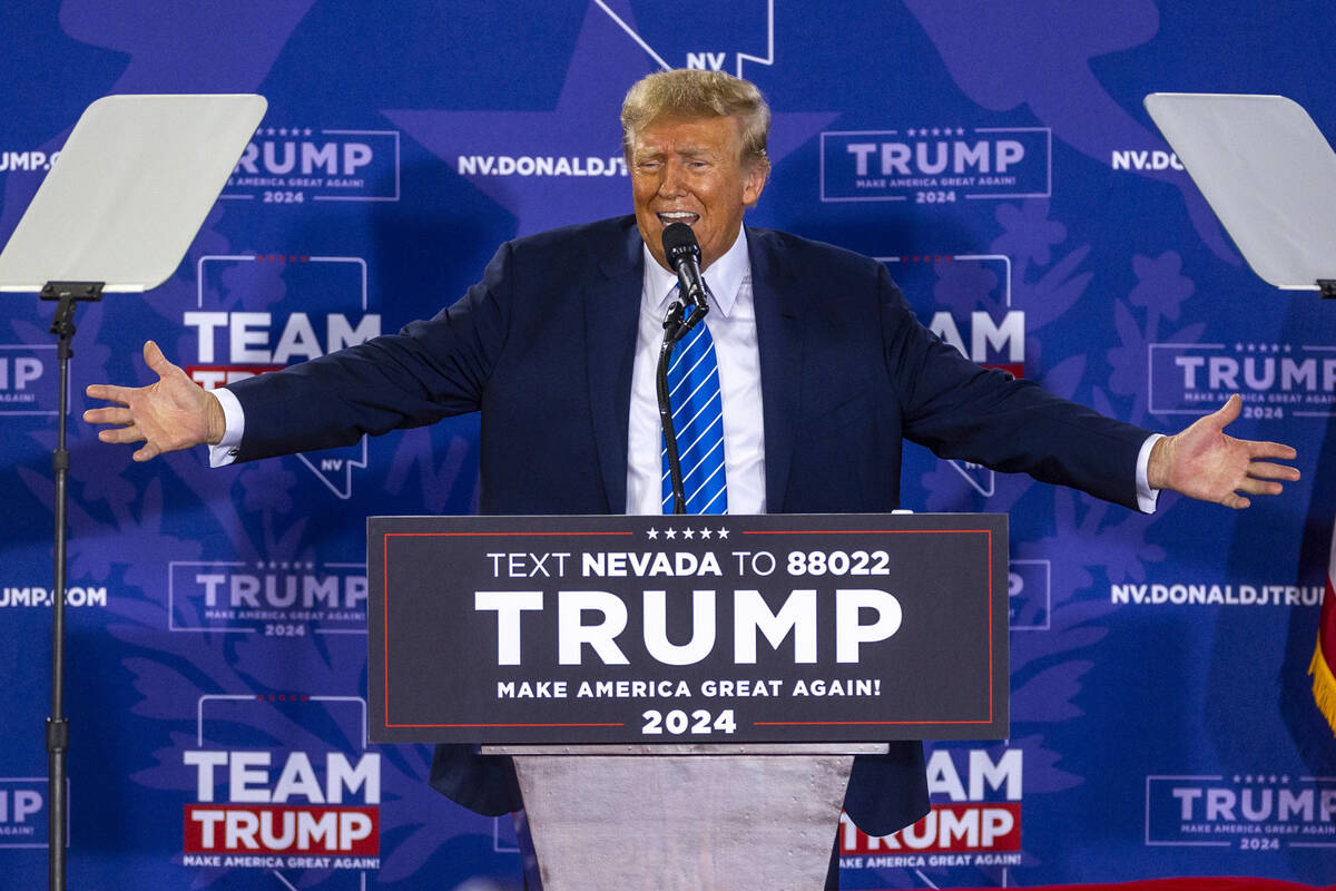 Republican presidential candidate former President Donald Trump speaks during a caucus rally at ...