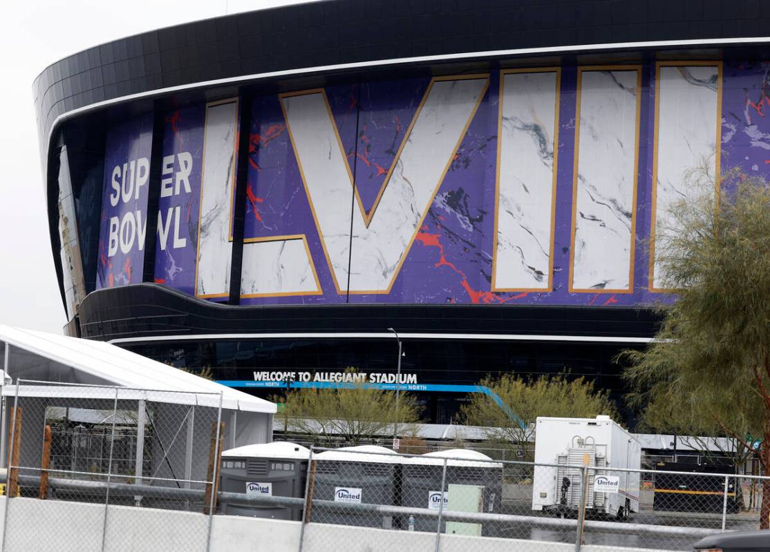 Allegiant Stadium is seen dressed up for the Super Bowl, on Monday, Jan. 22, 2024, in Las Vegas ...