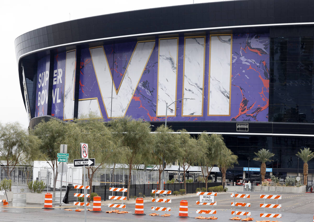 Allegiant Stadium is seen dressed up for the Super Bowl, on Monday, Jan. 22, 2024, in Las Vegas ...