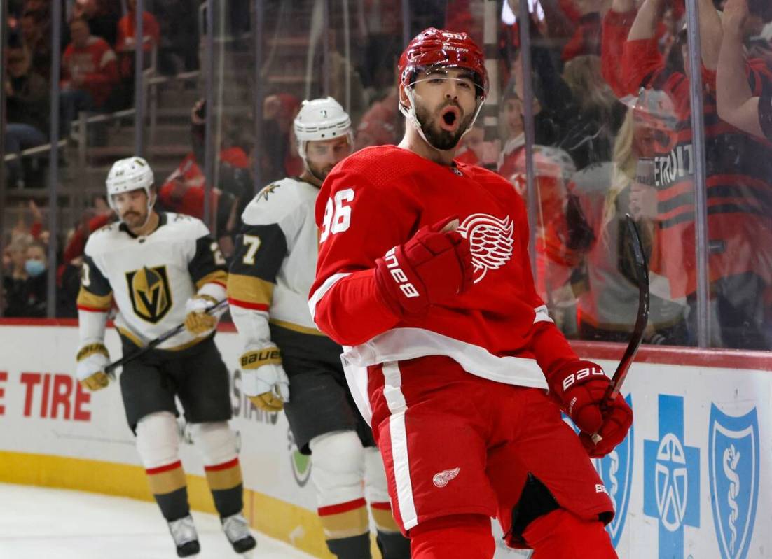 Detroit Red Wings defenseman Jake Walman (96) celebrates after his goal against the Vegas Golde ...