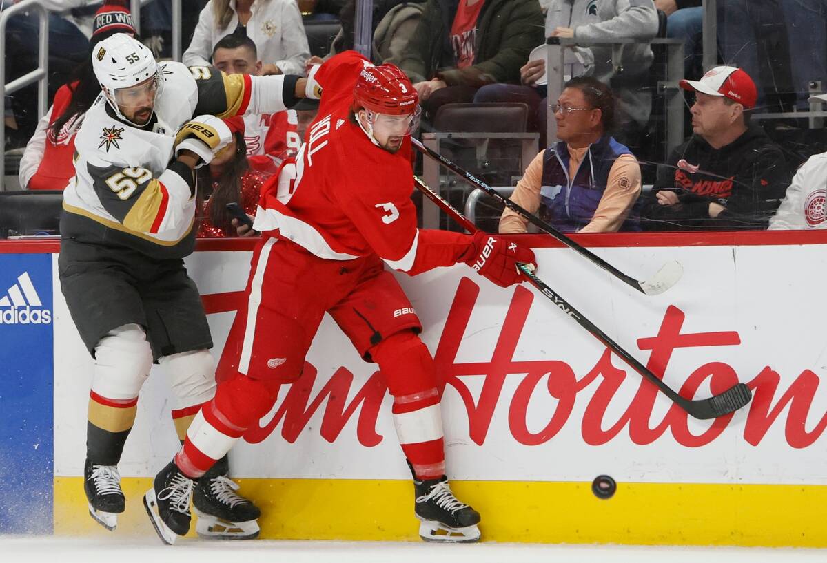 during the second period of an NHL hockey game Saturday, Jan. 27, 2024, in Detroit. (AP Photo/D ...