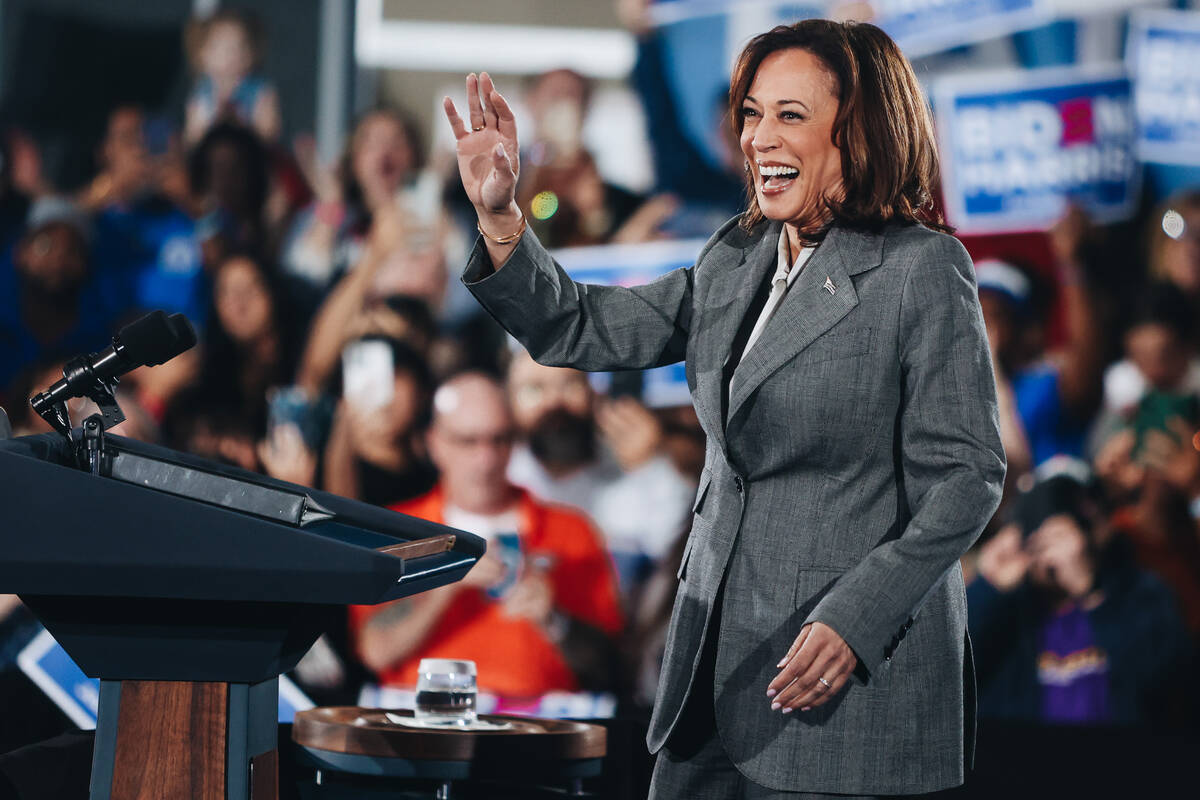 Vice President Kamala Harris speaks to a crowd during a campaign event at IBEW Local 357 on Sat ...