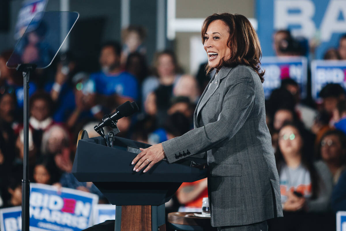 Vice President Kamala Harris speaks to a crowd during a campaign event at IBEW Local 357 on Sat ...