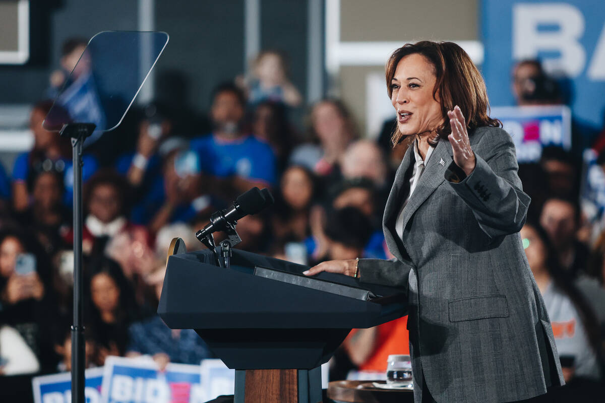 Vice President Kamala Harris speaks to a crowd during a campaign event at IBEW Local 357 on Sat ...