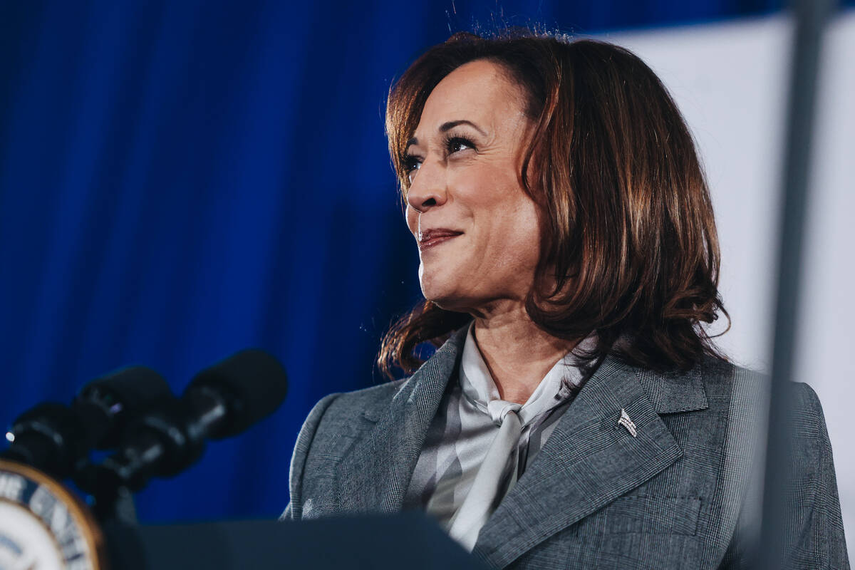 Vice President Kamala Harris speaks to a crowd during a campaign event at IBEW Local 357 on Sat ...