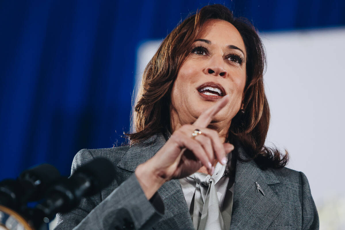 Vice President Kamala Harris speaks to a crowd during a campaign event at IBEW Local 357 on Sat ...