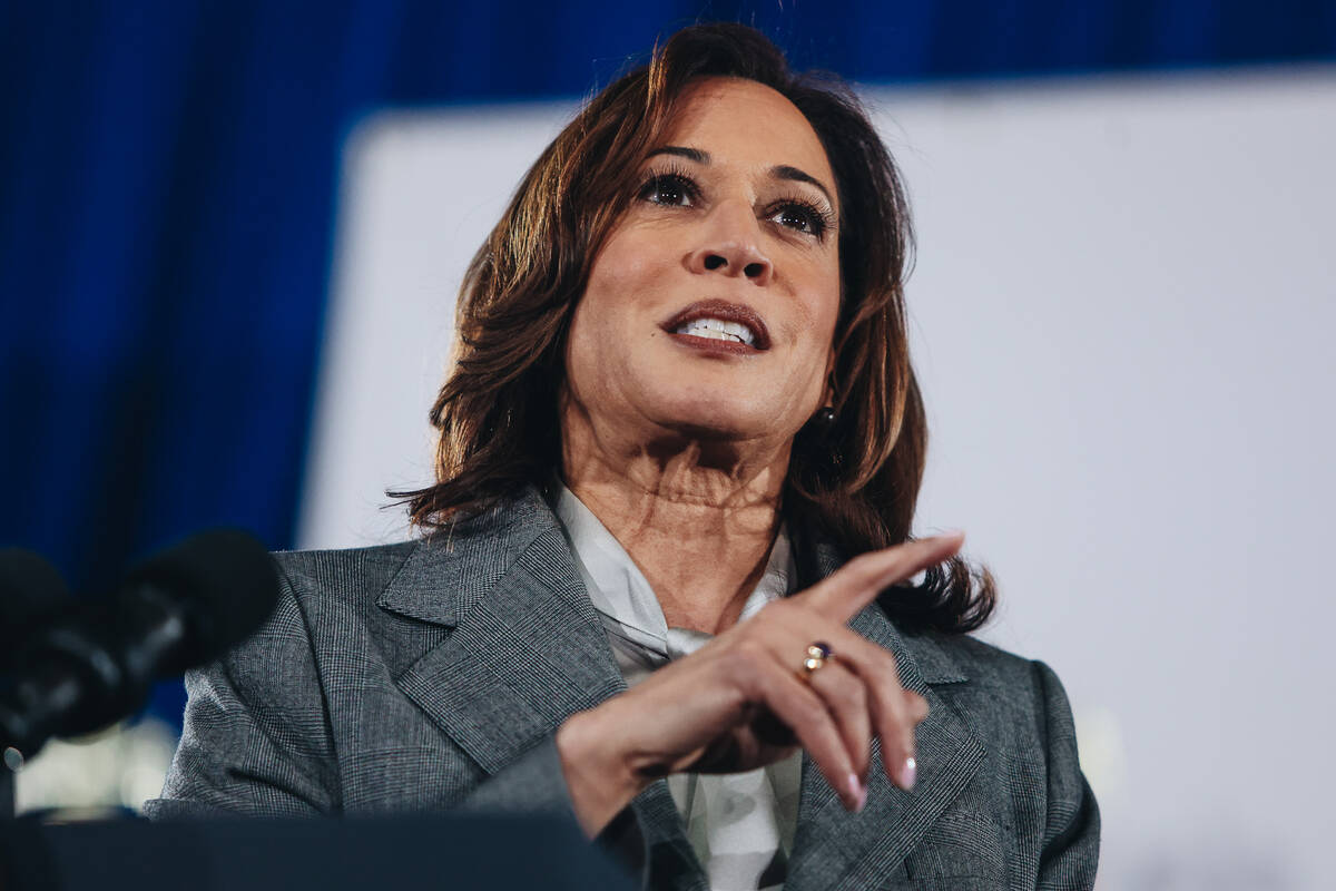 Vice President Kamala Harris speaks to a crowd during a campaign event at IBEW Local 357 on Sat ...