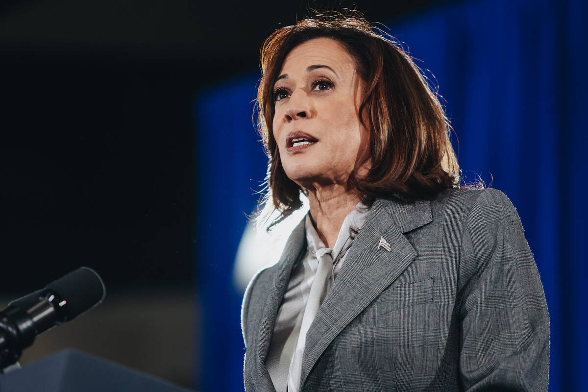 Vice President Kamala Harris speaks to a crowd during a campaign event at IBEW Local 357 on Sat ...