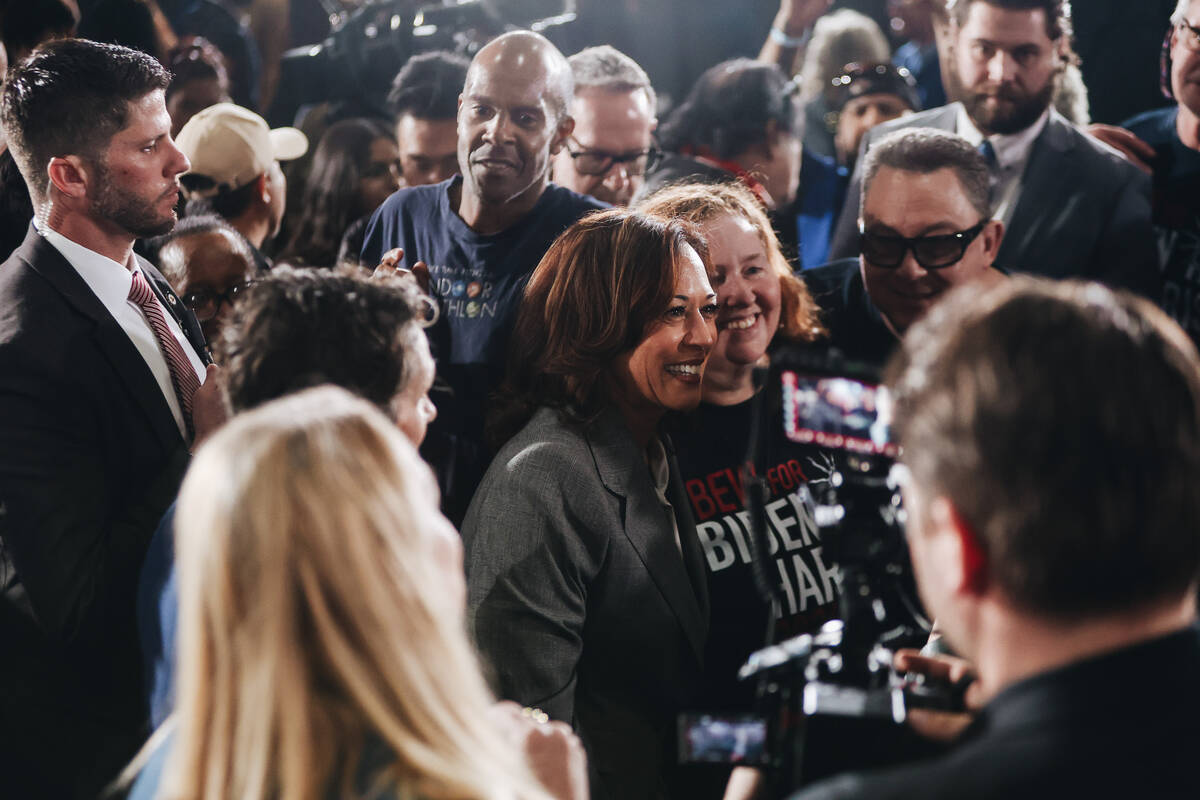 Vice President Kamala Harris greets supporters during a campaign event at IBEW Local 357 on Sat ...