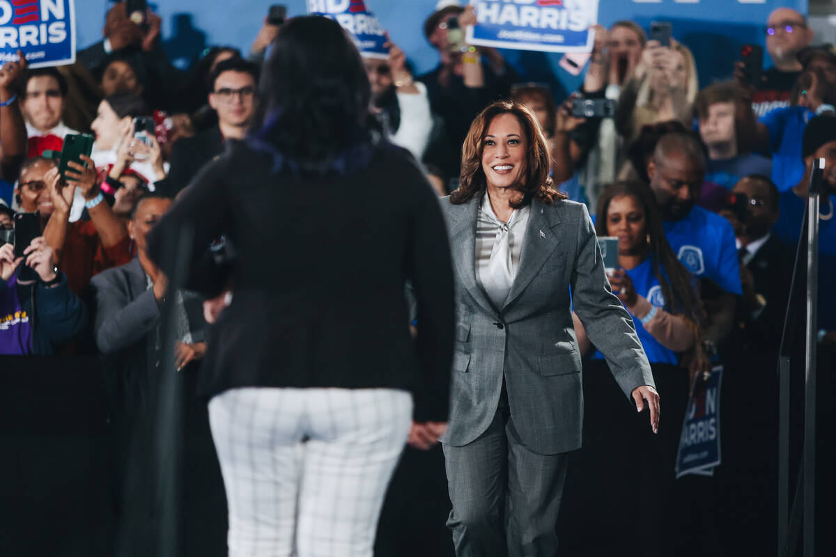 Vice President Kamala Harris takes the stage at a campaign event at IBEW Local 357 on Saturday, ...