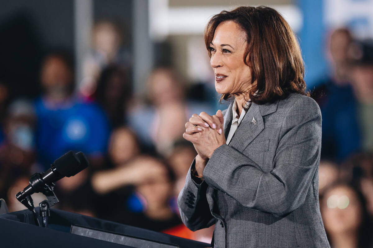 Vice President Kamala Harris speaks to a crowd during a campaign event at IBEW Local 357 on Sat ...