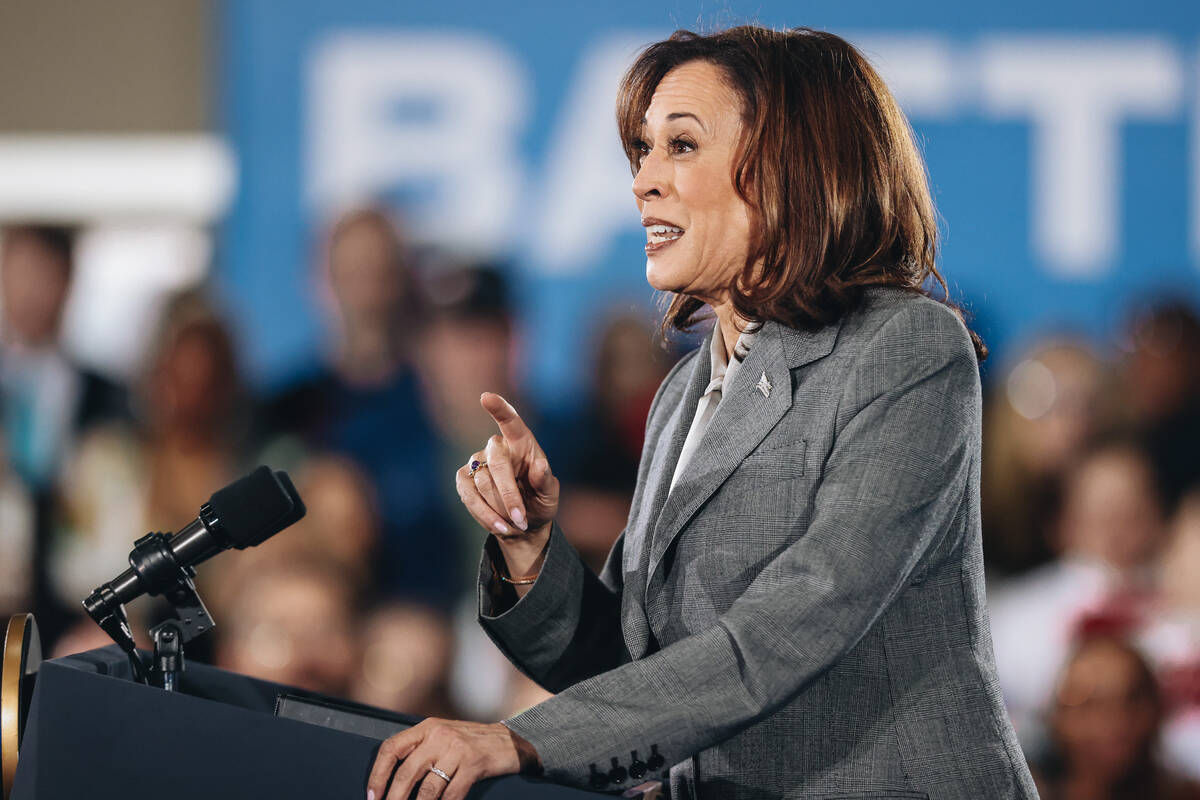 Vice President Kamala Harris speaks to a crowd during a campaign event at IBEW Local 357 on Sat ...