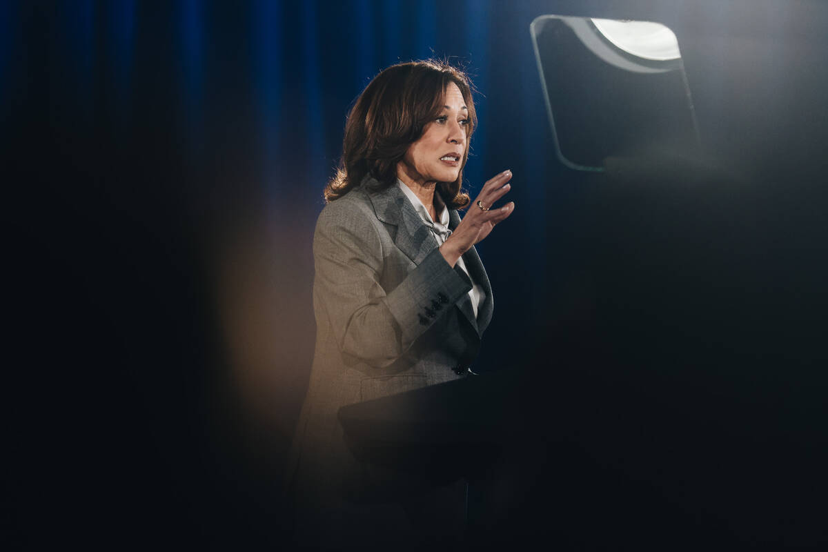 Vice President Kamala Harris speaks to a crowd during a campaign event at IBEW Local 357 on Sat ...