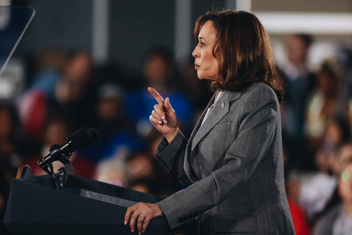 Vice President Kamala Harris speaks to a crowd during a campaign event at IBEW Local 357 on Sat ...