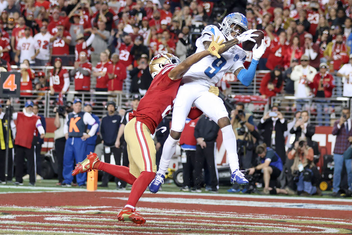 Detroit Lions wide receiver Jameson Williams (9) catches a touchdown pass against San Francisco ...