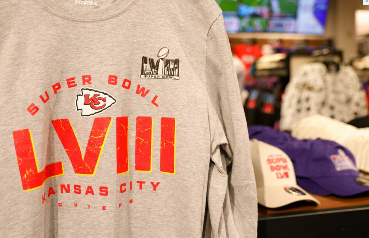 Super Bowl LVIII merchandise from the Kansas City Chiefs are displayed at the NFL Las Vegas sto ...