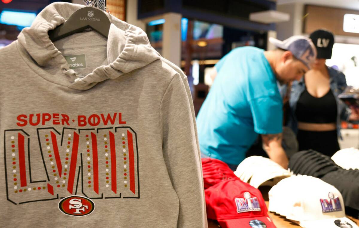 Super Bowl LVIII merchandise from San Francisco 49ers are displayed at the NFL Las Vegas store ...