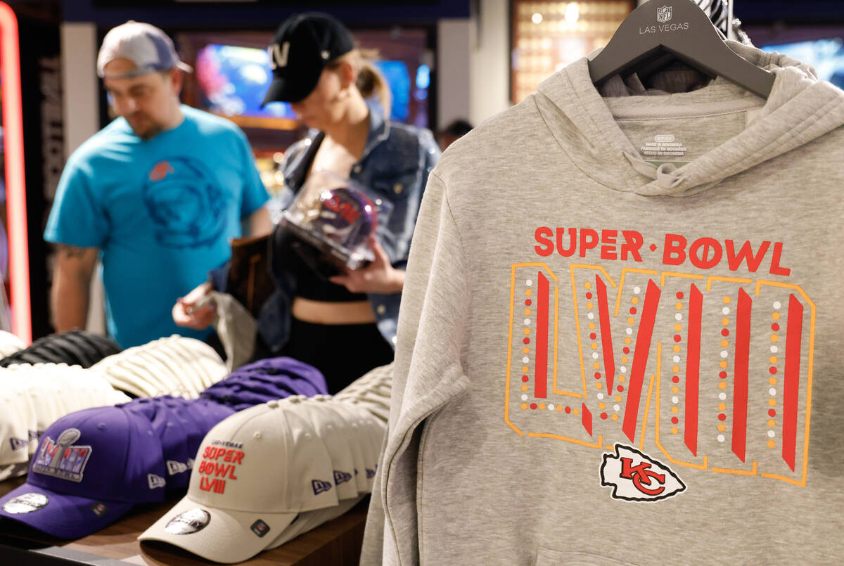 Super Bowl LVIII merchandise from Kansas City Chiefs are displayed at the NFL Las Vegas store a ...