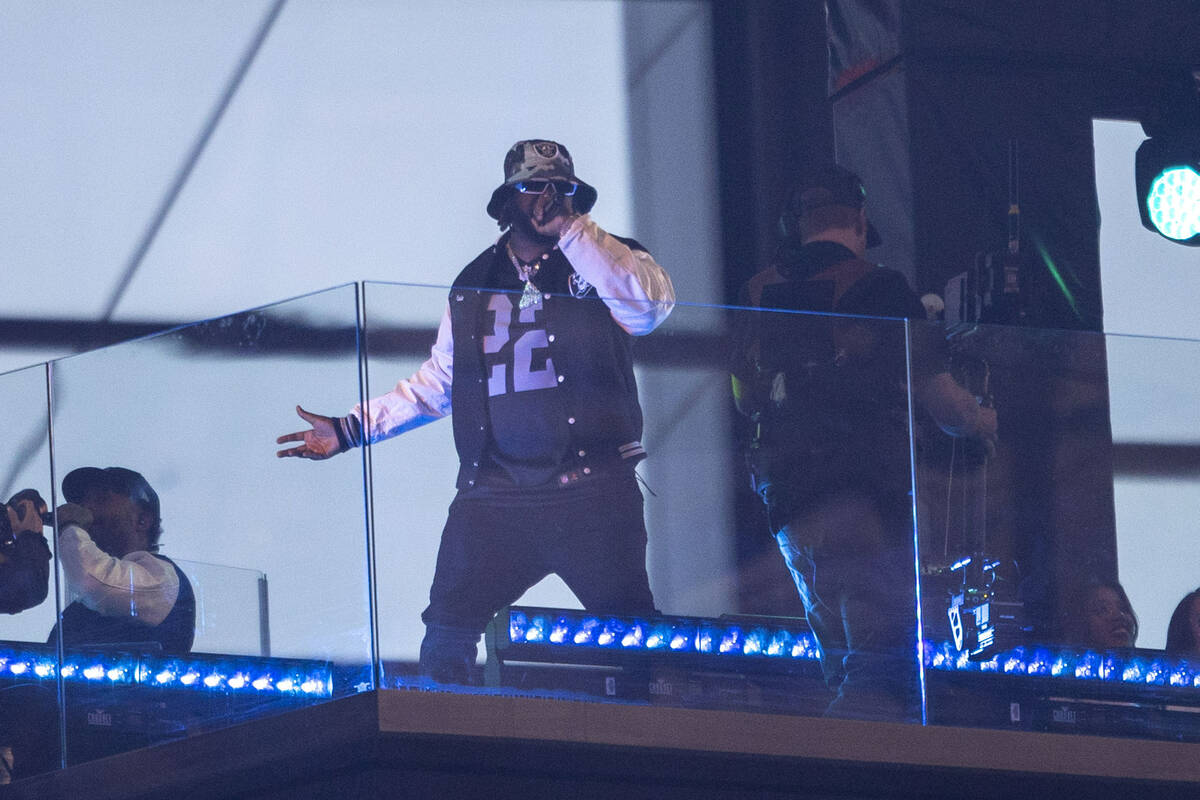 Rapper T-Pain performs during halftime of an NFL game between the Raiders and the New England P ...
