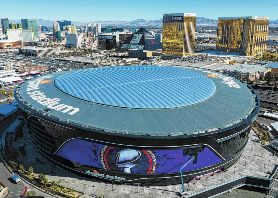 An aerial view of Allegiant Stadium, dressed up for the Super Bowl, on Wednesday, Jan. 26, 2024 ...