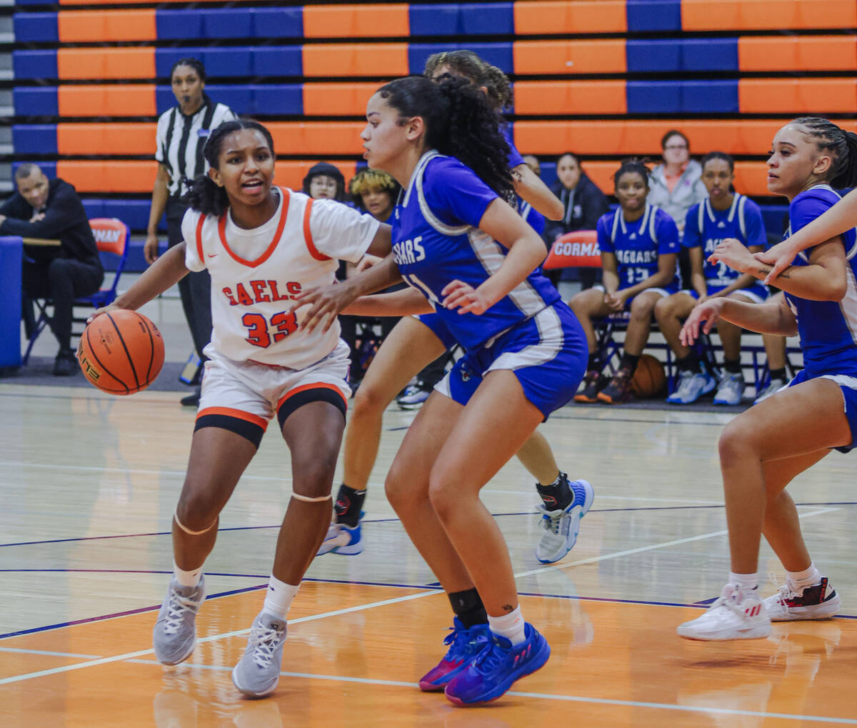 Bishop Gorman’s Neenah Webster (33) tries to get past Desert Pines’ Alanna Jackso ...