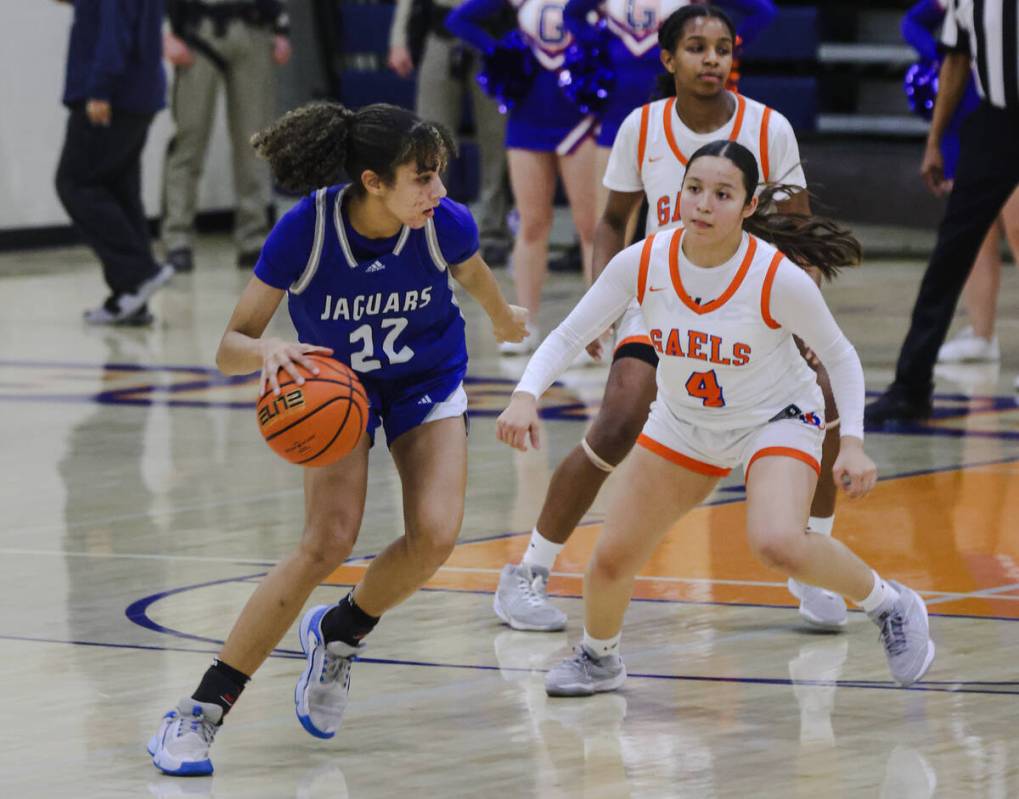 Desert Pines’ Trista Mabry (22) tries to get past Bishop Gorman’s Anna Barragan ( ...