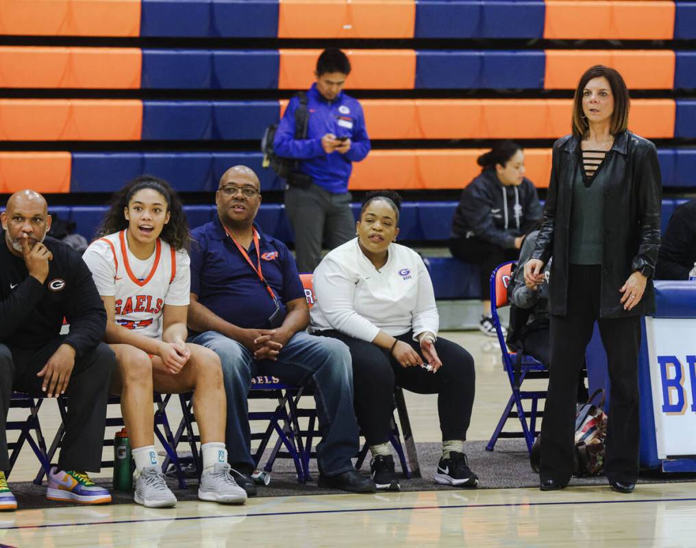 Bishop Gorman head coach Sheryl Krmpotich watches a game against Desert Pines High School at Bi ...