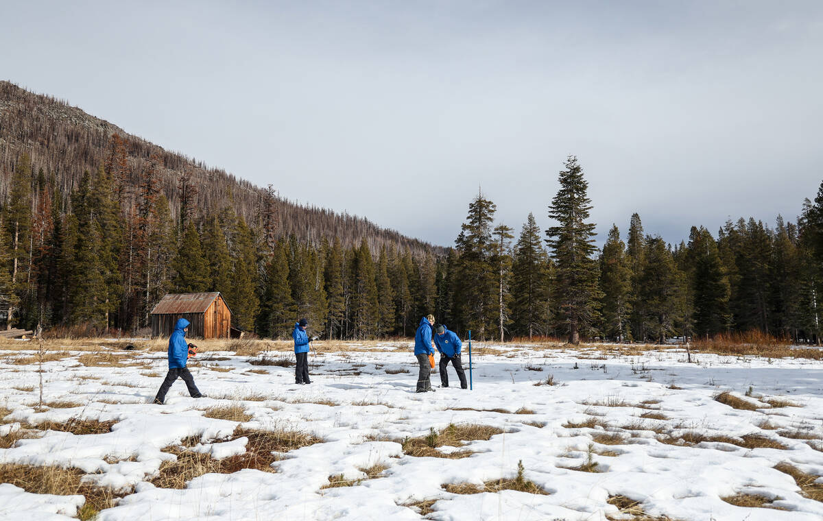 Officials from the California Department of Water Resources conduct a snow survey on Tuesday, J ...