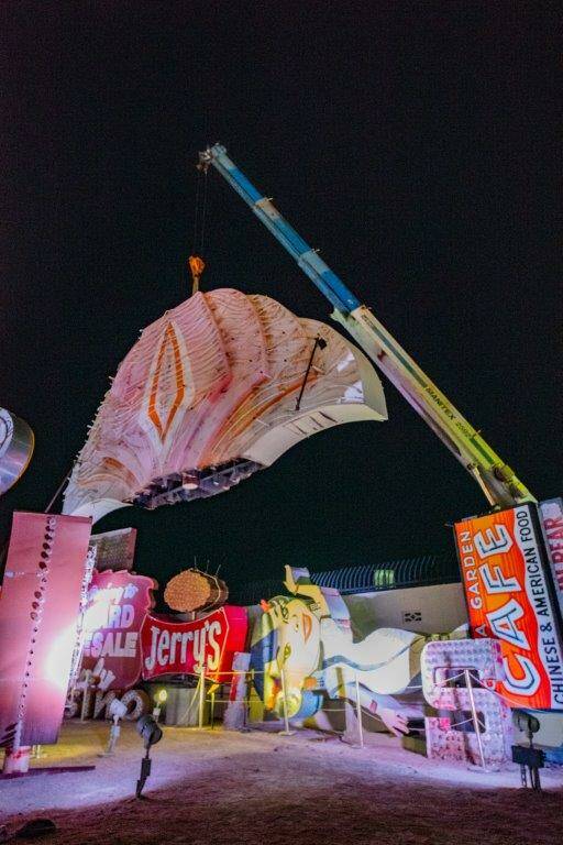 A large portion of a 1970s Flamingo Hotel & Casino sign is moved by crane on Tuesday, Jan. 30, ...