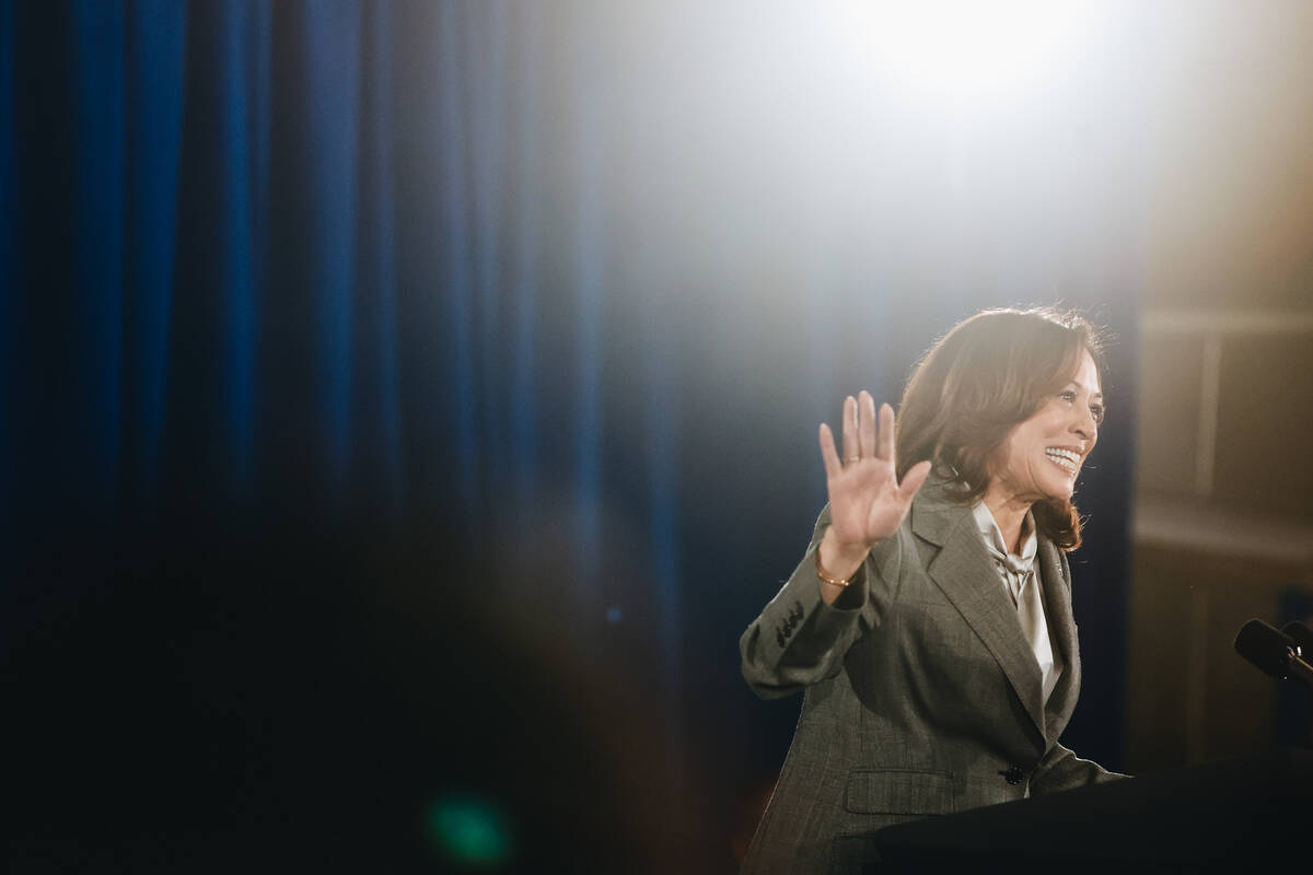 Vice President Kamala Harris speaks to a crowd during a campaign event at IBEW Local 357 on Sat ...