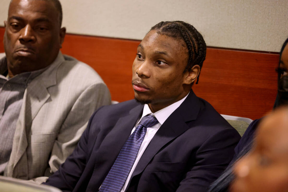 Former Raiders wide receiver Henry Ruggs waits in court at the Regional Justice Center in Las V ...