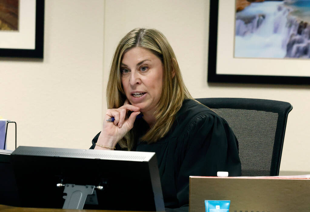 Clark County Family Court Judge Amy Mastin presides over a hearing for four juveniles arrested ...