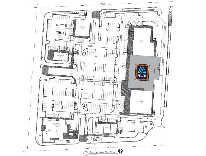 A site plan that for a retail center in Southwest Las Vegas that indicates an Aldi grocery stor ...