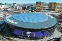 An aerial view of Allegiant Stadium, dressed up for the Super Bowl, on Wednesday, Jan. 26, 2024 ...