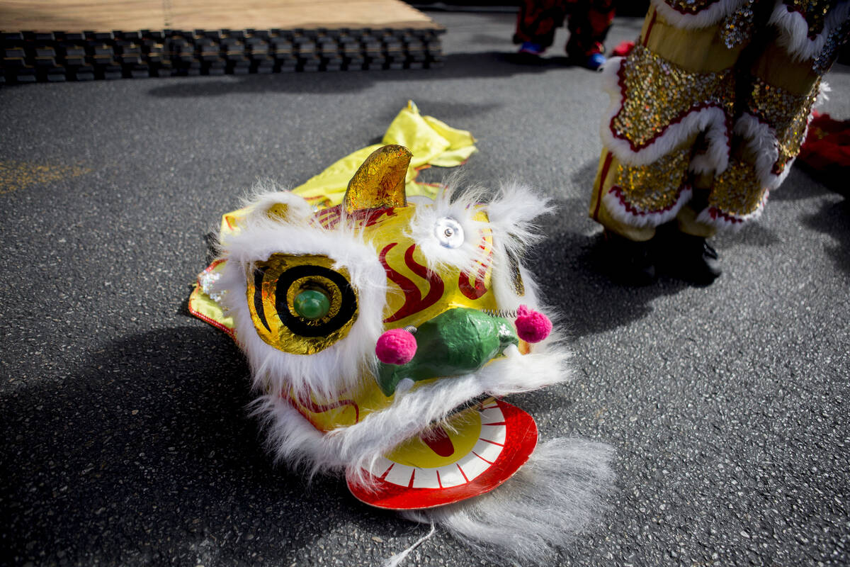 A traditional Chinese lion mask waits to be used during the Lohan school of Shaolin performance ...
