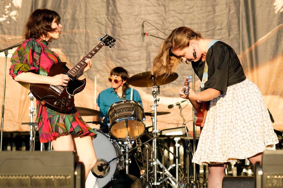 Carrie Brownstein, left, and Corin Tucker of Sleater Kinney perform on day three of Riot Fest o ...