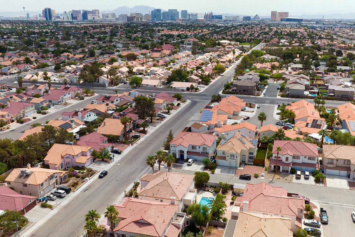 An aerial photo shows homes near Buffalo Drive, on Thursday, June 15, 2023, in Las Vegas. (Bizu ...