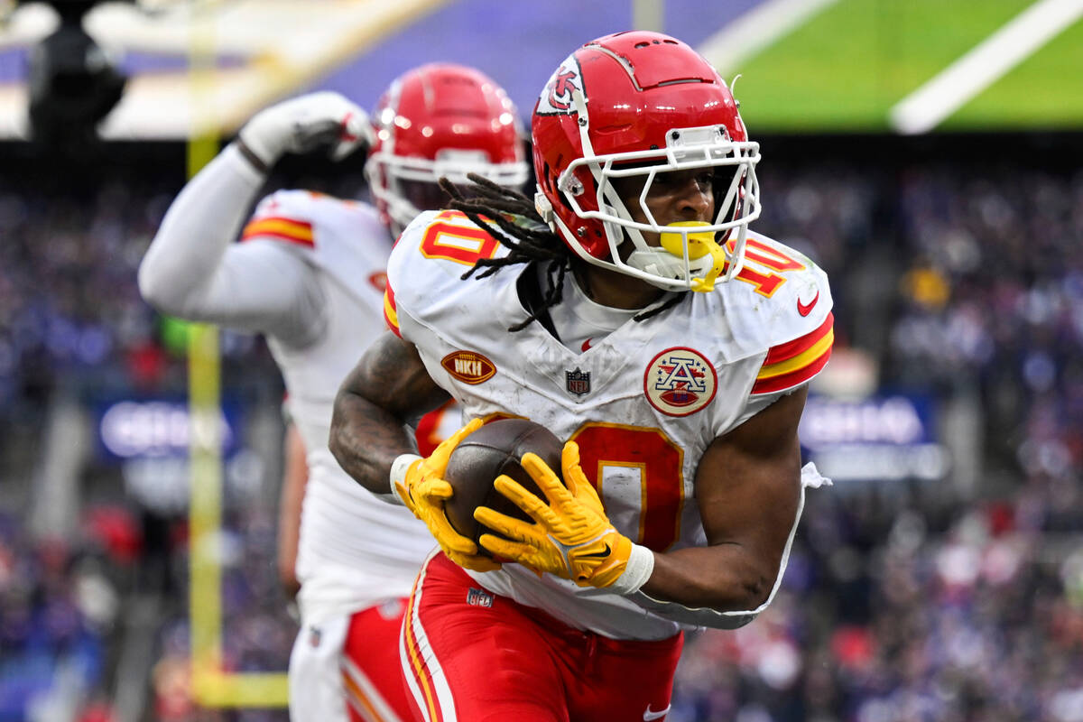 Kansas City Chiefs running back Isiah Pacheco (10) runs the ball and scores a touchdown during ...