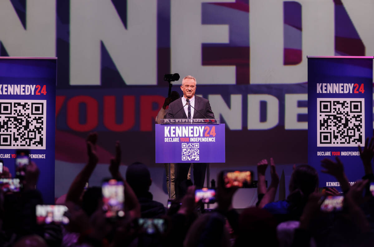 Independent presidential candidate Robert F. Kennedy speaks to a crowd at Area 15 in Las Vegas, ...