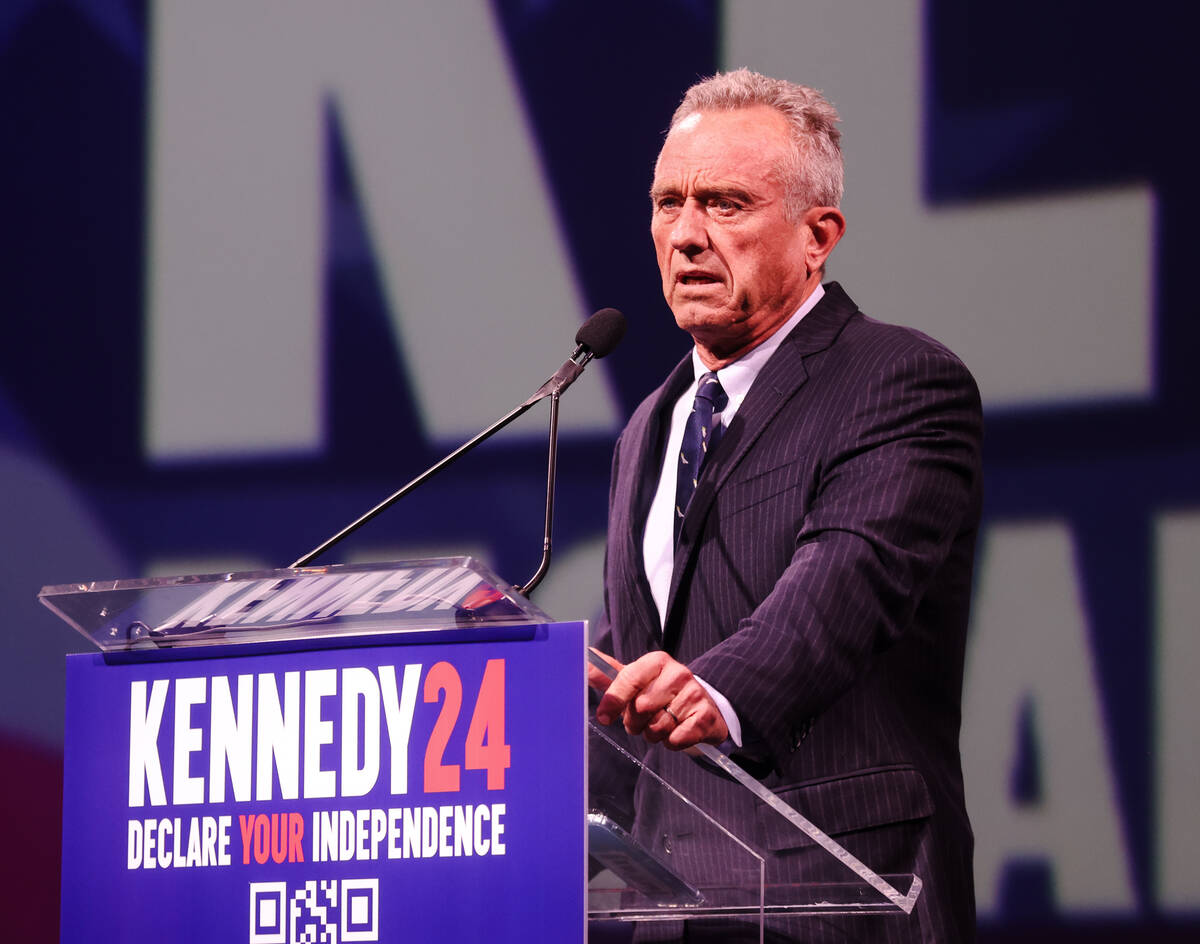 Independent presidential candidate Robert F. Kennedy speaks to a crowd at Area 15 in Las Vegas, ...