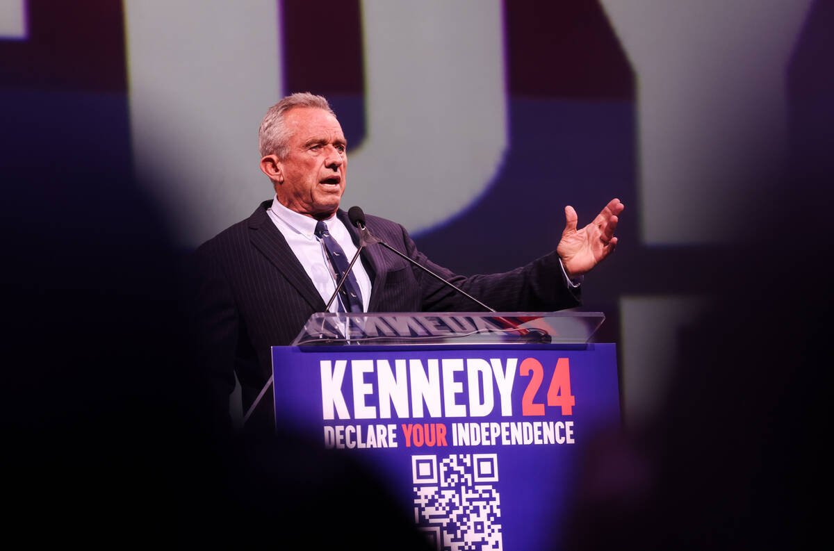 Independent presidential candidate Robert F. Kennedy speaks to a crowd at Area 15 in Las Vegas, ...