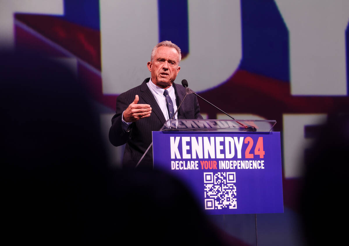 Independent presidential candidate Robert F. Kennedy speaks to a crowd at Area 15 in Las Vegas, ...