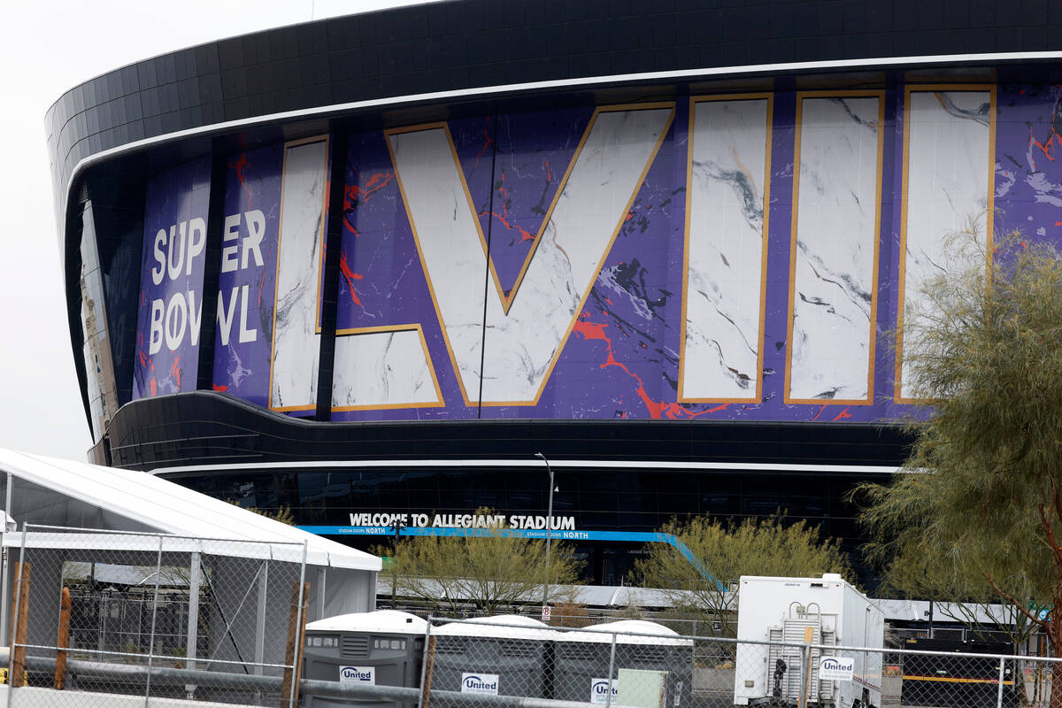 Allegiant Stadium is seen dressed up for the Super Bowl on Monday, Jan. 22, 2024, in Las Vegas. ...