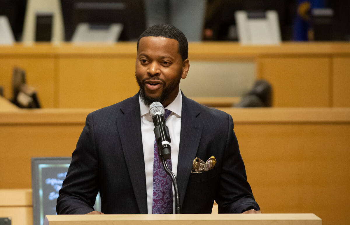 Commissioner William McCurdy II speaks during the city of Las Vegas’ 9th annual Black Tr ...