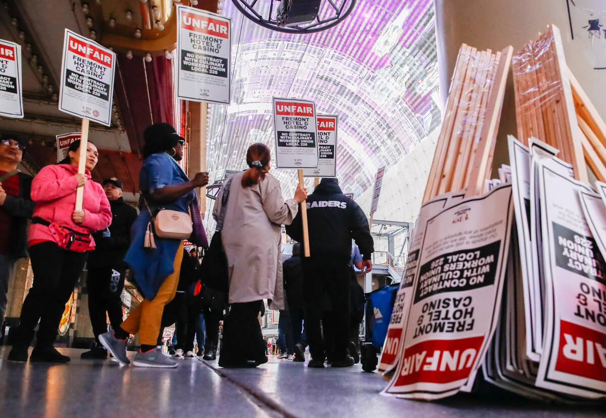 Members of the Culinary Local 226 picket outside the Fremont Hotel & Casino on Friday, Feb. 2, ...